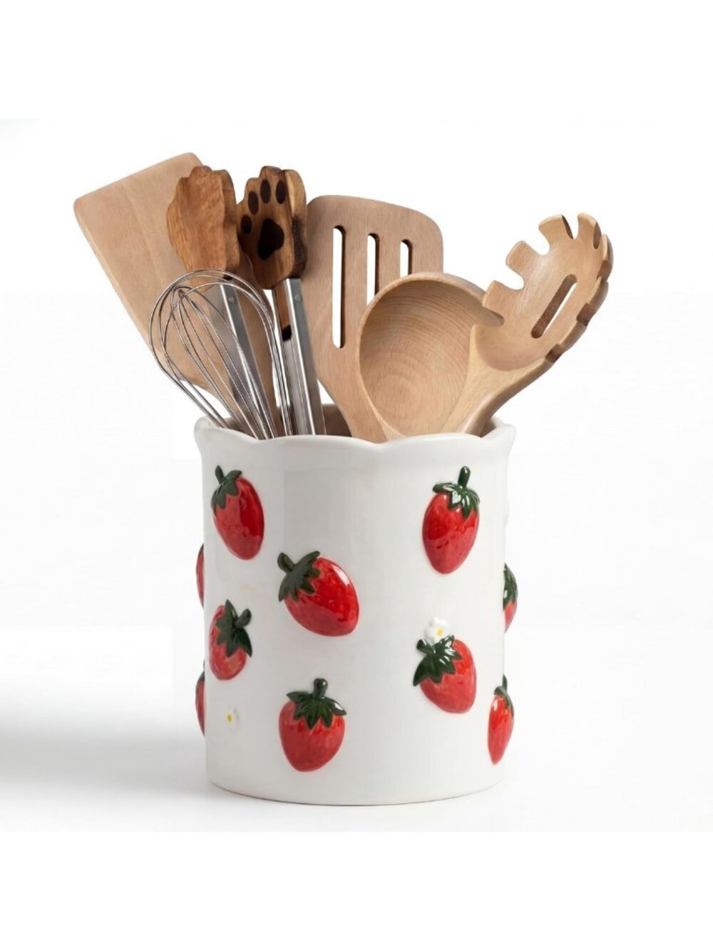 Strawberry Utensil Holder - 6.7" Kitchen Counter Organizer, Cute Decor